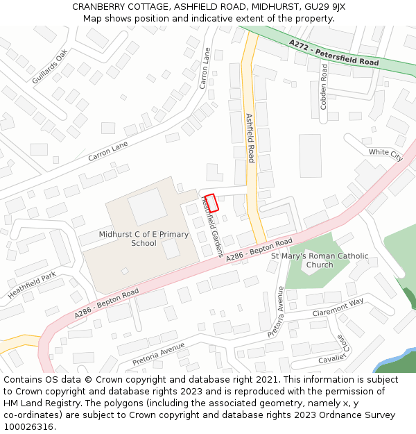 CRANBERRY COTTAGE, ASHFIELD ROAD, MIDHURST, GU29 9JX: Location map and indicative extent of plot