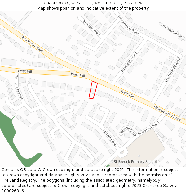 CRANBROOK, WEST HILL, WADEBRIDGE, PL27 7EW: Location map and indicative extent of plot