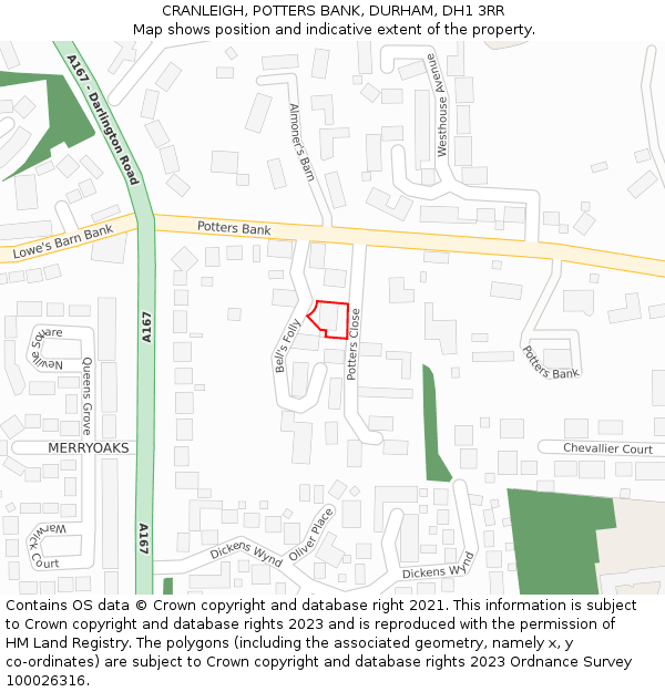 CRANLEIGH, POTTERS BANK, DURHAM, DH1 3RR: Location map and indicative extent of plot