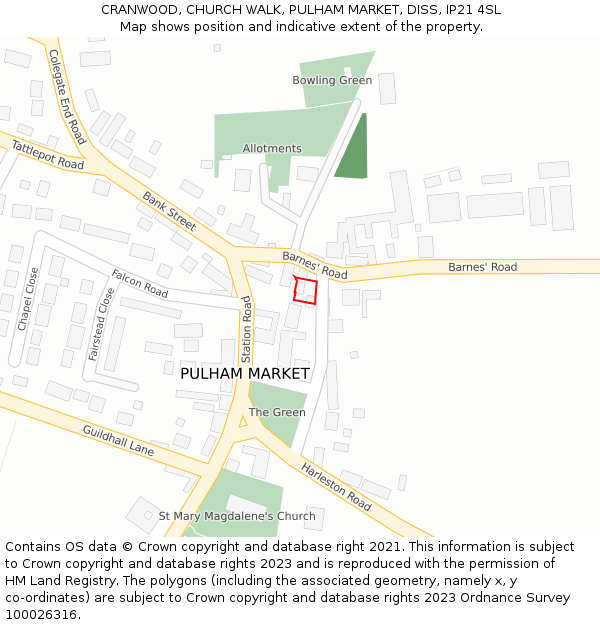 CRANWOOD, CHURCH WALK, PULHAM MARKET, DISS, IP21 4SL: Location map and indicative extent of plot