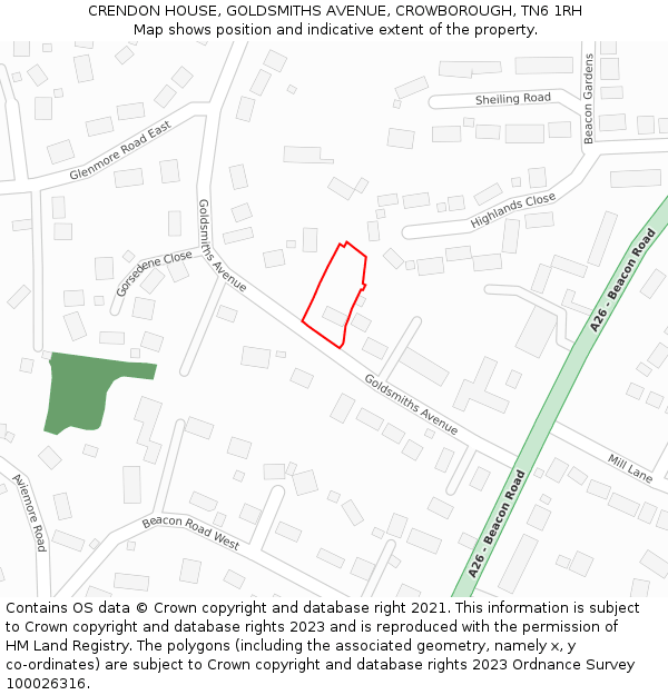 CRENDON HOUSE, GOLDSMITHS AVENUE, CROWBOROUGH, TN6 1RH: Location map and indicative extent of plot