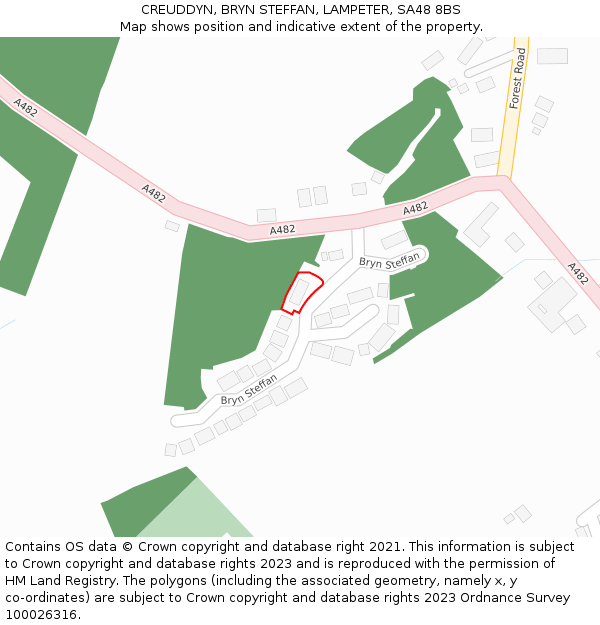 CREUDDYN, BRYN STEFFAN, LAMPETER, SA48 8BS: Location map and indicative extent of plot