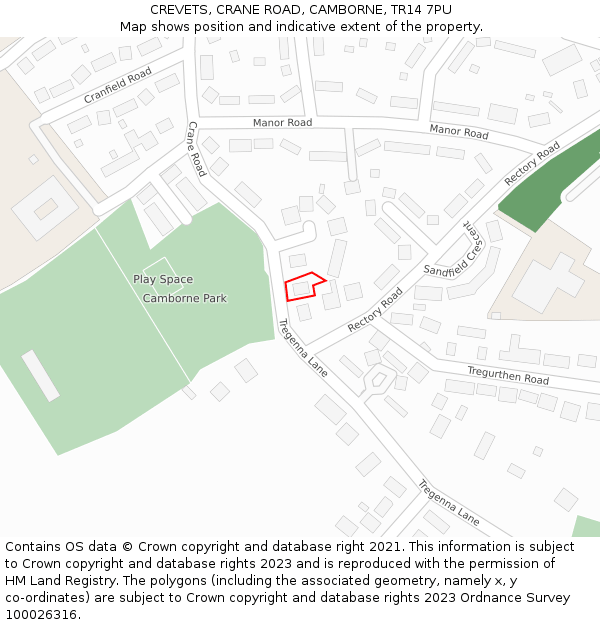 CREVETS, CRANE ROAD, CAMBORNE, TR14 7PU: Location map and indicative extent of plot