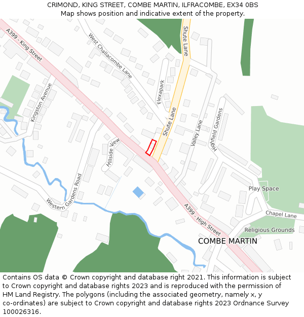 CRIMOND, KING STREET, COMBE MARTIN, ILFRACOMBE, EX34 0BS: Location map and indicative extent of plot