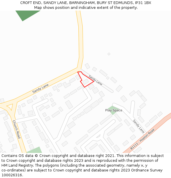 CROFT END, SANDY LANE, BARNINGHAM, BURY ST EDMUNDS, IP31 1BX: Location map and indicative extent of plot