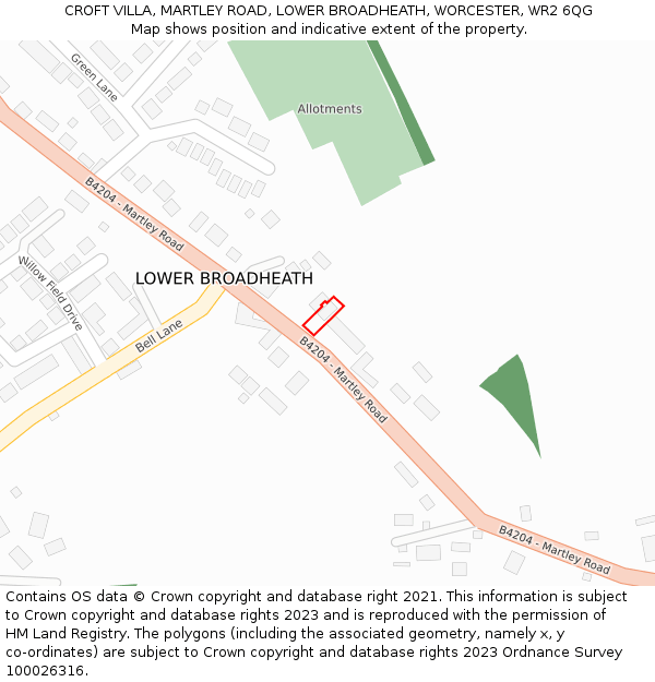 CROFT VILLA, MARTLEY ROAD, LOWER BROADHEATH, WORCESTER, WR2 6QG: Location map and indicative extent of plot