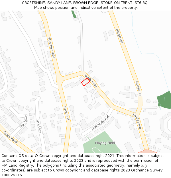 CROFTSHINE, SANDY LANE, BROWN EDGE, STOKE-ON-TRENT, ST6 8QL: Location map and indicative extent of plot