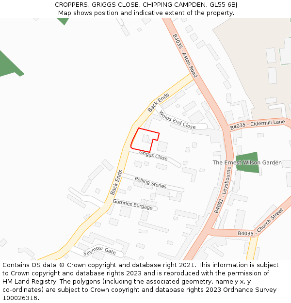CROPPERS, GRIGGS CLOSE, CHIPPING CAMPDEN, GL55 6BJ: Location map and indicative extent of plot
