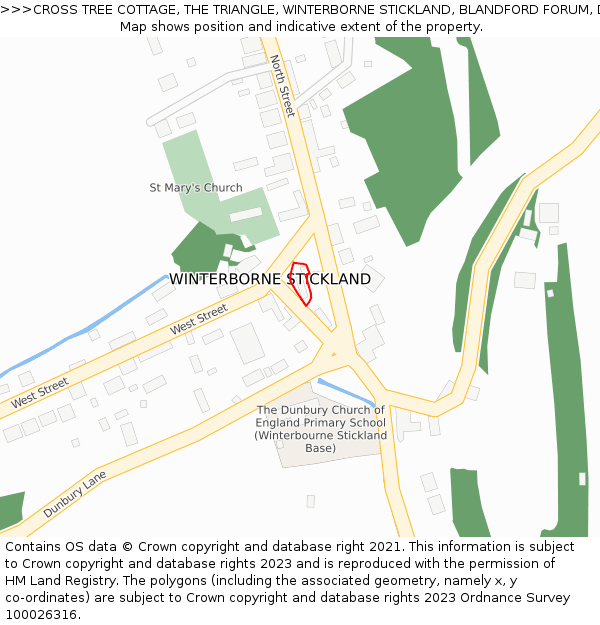 CROSS TREE COTTAGE, THE TRIANGLE, WINTERBORNE STICKLAND, BLANDFORD FORUM, DT11 0NW: Location map and indicative extent of plot