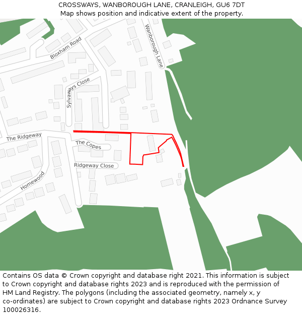 CROSSWAYS, WANBOROUGH LANE, CRANLEIGH, GU6 7DT: Location map and indicative extent of plot