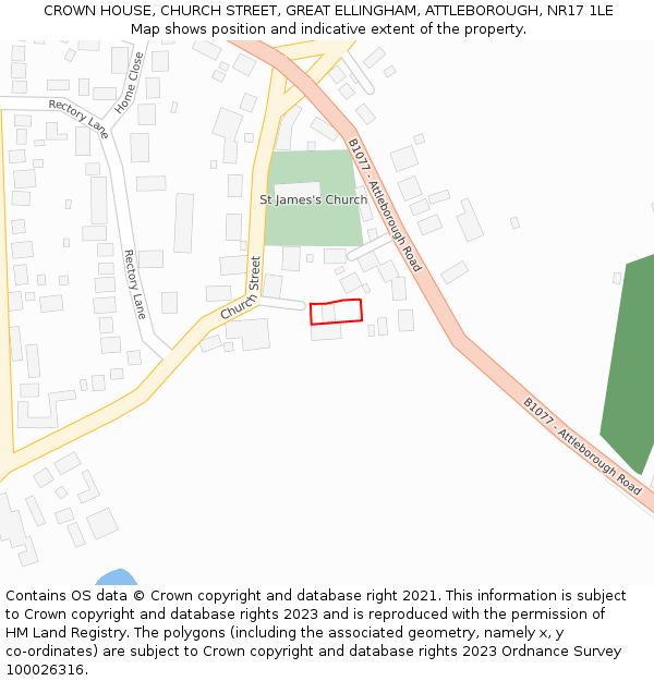 CROWN HOUSE, CHURCH STREET, GREAT ELLINGHAM, ATTLEBOROUGH, NR17 1LE: Location map and indicative extent of plot