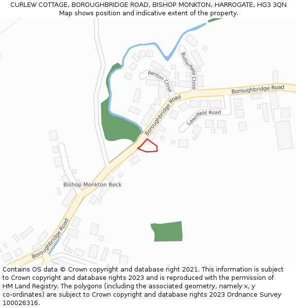 CURLEW COTTAGE, BOROUGHBRIDGE ROAD, BISHOP MONKTON, HARROGATE, HG3 3QN: Location map and indicative extent of plot