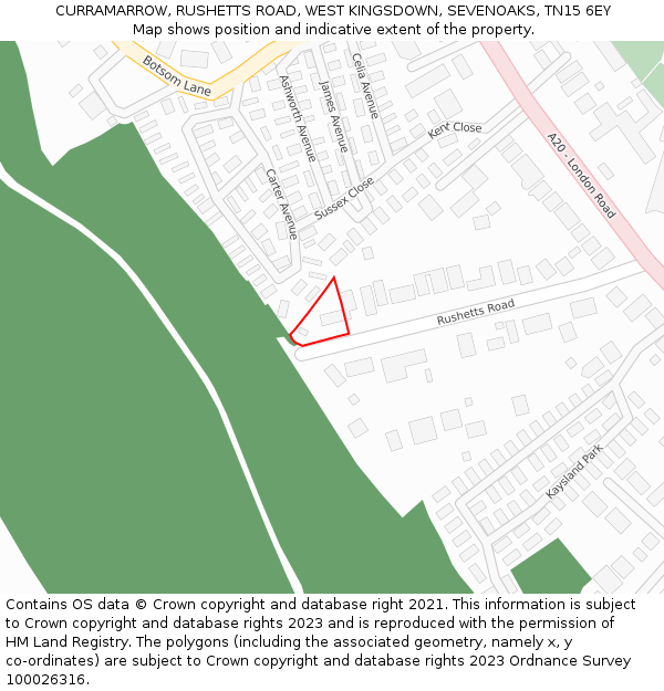 CURRAMARROW, RUSHETTS ROAD, WEST KINGSDOWN, SEVENOAKS, TN15 6EY: Location map and indicative extent of plot