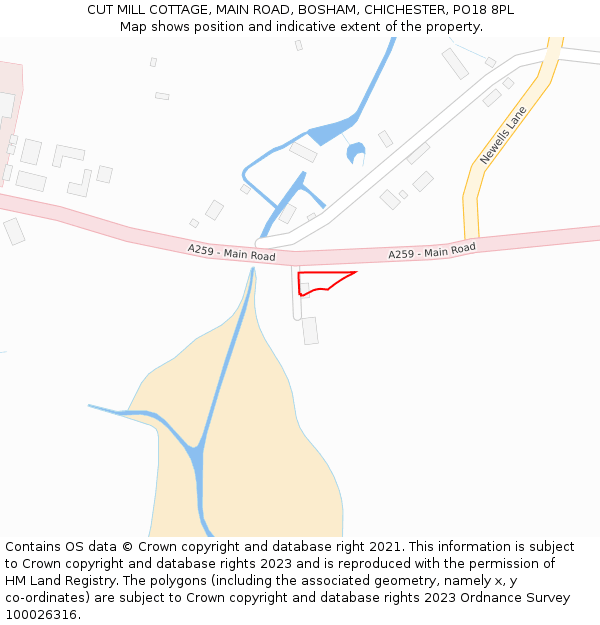 CUT MILL COTTAGE, MAIN ROAD, BOSHAM, CHICHESTER, PO18 8PL: Location map and indicative extent of plot