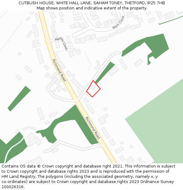 CUTBUSH HOUSE, WHITE HALL LANE, SAHAM TONEY, THETFORD, IP25 7HB: Location map and indicative extent of plot