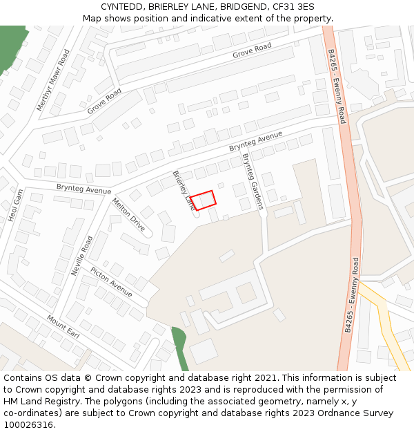 CYNTEDD, BRIERLEY LANE, BRIDGEND, CF31 3ES: Location map and indicative extent of plot