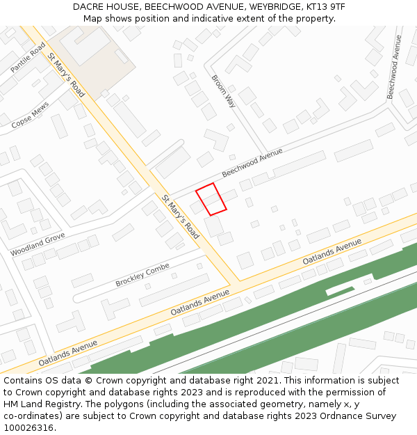 DACRE HOUSE, BEECHWOOD AVENUE, WEYBRIDGE, KT13 9TF: Location map and indicative extent of plot