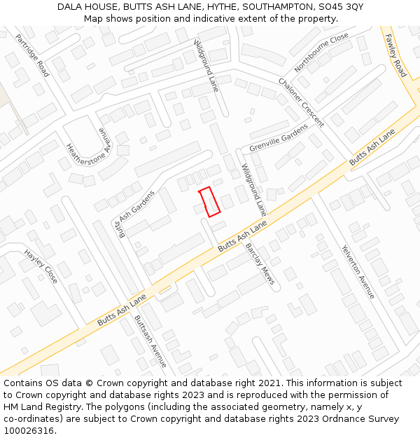 DALA HOUSE, BUTTS ASH LANE, HYTHE, SOUTHAMPTON, SO45 3QY: Location map and indicative extent of plot