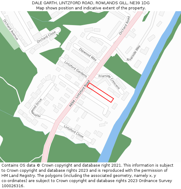 DALE GARTH, LINTZFORD ROAD, ROWLANDS GILL, NE39 1DG: Location map and indicative extent of plot