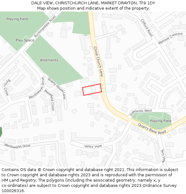 DALE VIEW, CHRISTCHURCH LANE, MARKET DRAYTON, TF9 1DY: Location map and indicative extent of plot