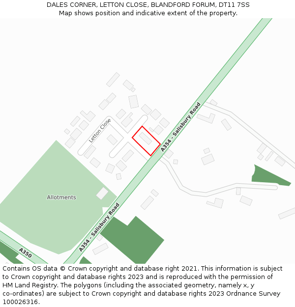 DALES CORNER, LETTON CLOSE, BLANDFORD FORUM, DT11 7SS: Location map and indicative extent of plot