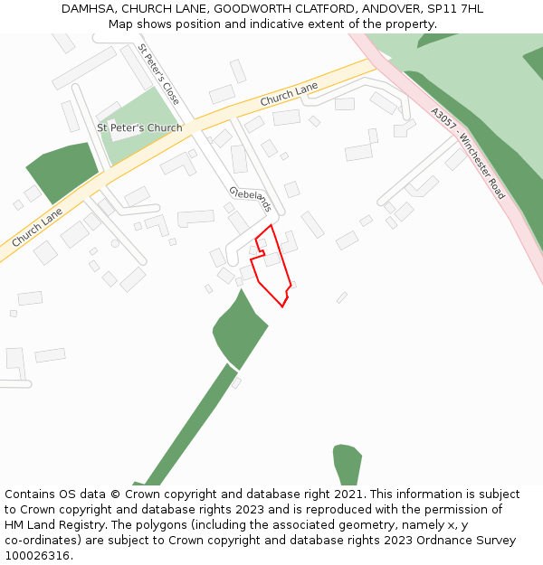 DAMHSA, CHURCH LANE, GOODWORTH CLATFORD, ANDOVER, SP11 7HL: Location map and indicative extent of plot