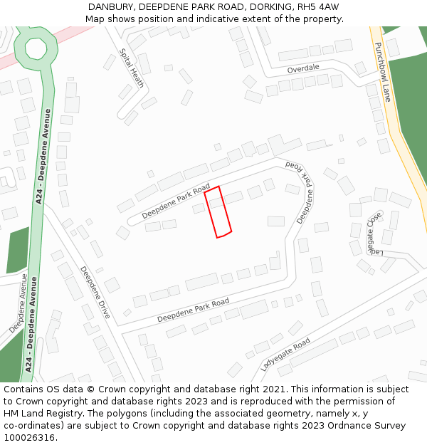 DANBURY, DEEPDENE PARK ROAD, DORKING, RH5 4AW: Location map and indicative extent of plot