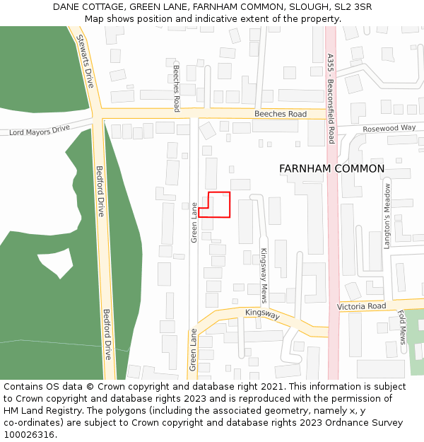 DANE COTTAGE, GREEN LANE, FARNHAM COMMON, SLOUGH, SL2 3SR: Location map and indicative extent of plot