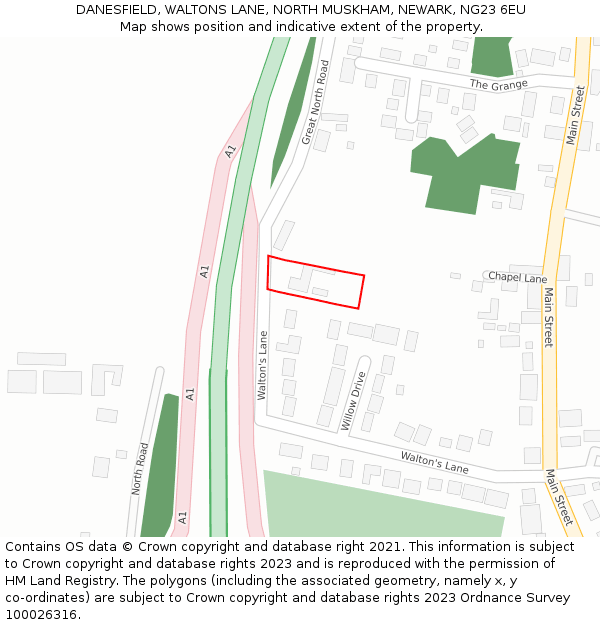 DANESFIELD, WALTONS LANE, NORTH MUSKHAM, NEWARK, NG23 6EU: Location map and indicative extent of plot