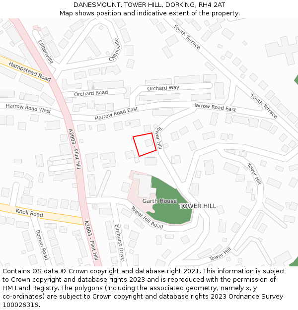 DANESMOUNT, TOWER HILL, DORKING, RH4 2AT: Location map and indicative extent of plot