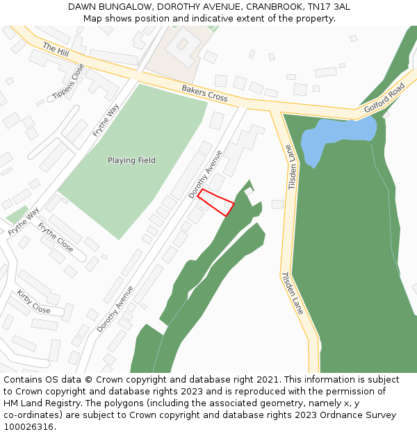 DAWN BUNGALOW, DOROTHY AVENUE, CRANBROOK, TN17 3AL: Location map and indicative extent of plot
