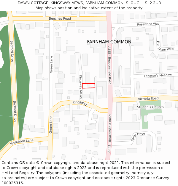 DAWN COTTAGE, KINGSWAY MEWS, FARNHAM COMMON, SLOUGH, SL2 3UR: Location map and indicative extent of plot