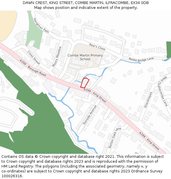 DAWN CREST, KING STREET, COMBE MARTIN, ILFRACOMBE, EX34 0DB: Location map and indicative extent of plot