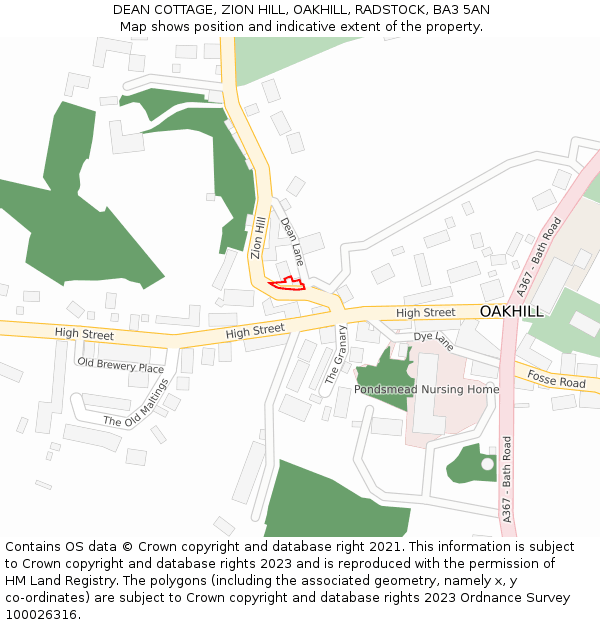 DEAN COTTAGE, ZION HILL, OAKHILL, RADSTOCK, BA3 5AN: Location map and indicative extent of plot