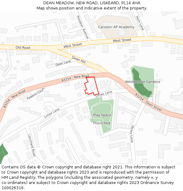 DEAN MEADOW, NEW ROAD, LISKEARD, PL14 4HA: Location map and indicative extent of plot