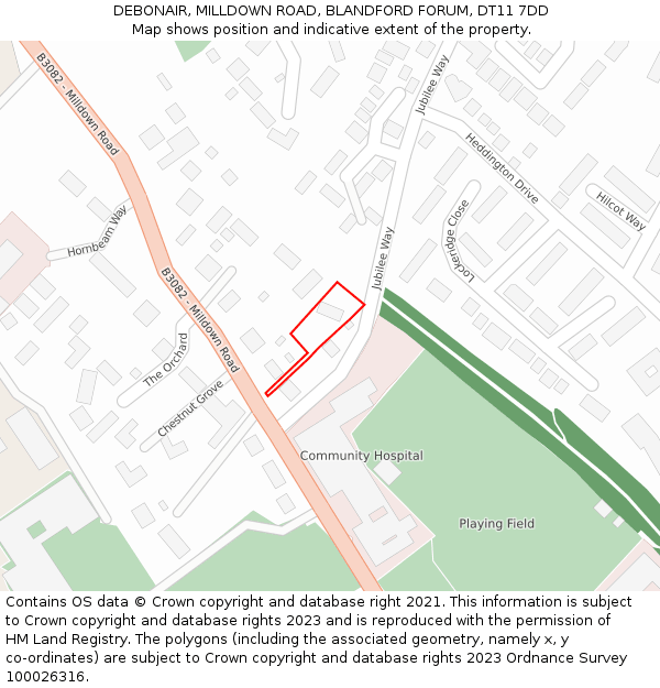 DEBONAIR, MILLDOWN ROAD, BLANDFORD FORUM, DT11 7DD: Location map and indicative extent of plot