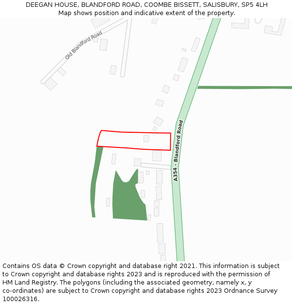 DEEGAN HOUSE, BLANDFORD ROAD, COOMBE BISSETT, SALISBURY, SP5 4LH: Location map and indicative extent of plot