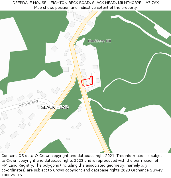 DEEPDALE HOUSE, LEIGHTON BECK ROAD, SLACK HEAD, MILNTHORPE, LA7 7AX: Location map and indicative extent of plot