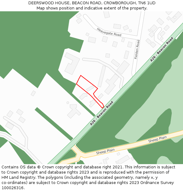 DEERSWOOD HOUSE, BEACON ROAD, CROWBOROUGH, TN6 1UD: Location map and indicative extent of plot