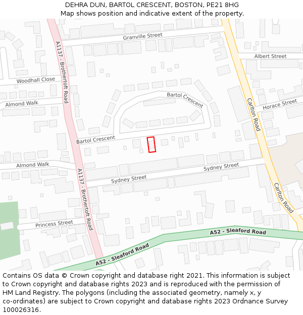 DEHRA DUN, BARTOL CRESCENT, BOSTON, PE21 8HG: Location map and indicative extent of plot