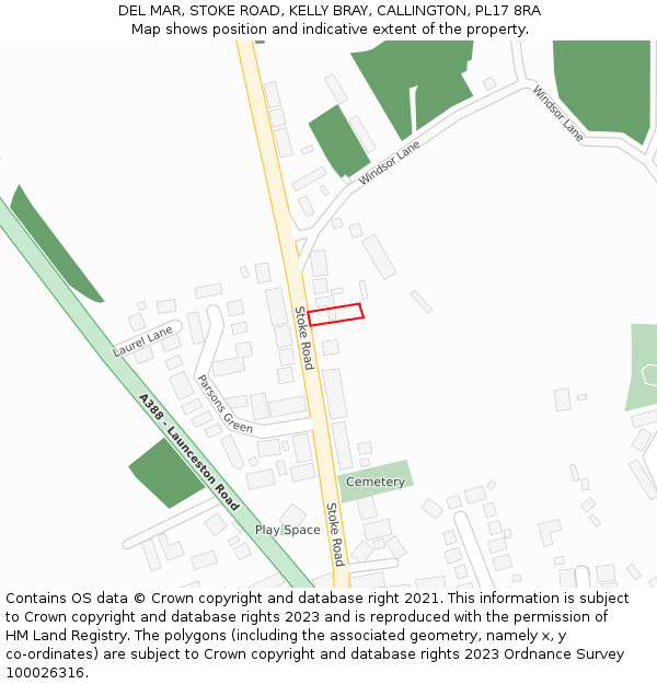 DEL MAR, STOKE ROAD, KELLY BRAY, CALLINGTON, PL17 8RA: Location map and indicative extent of plot