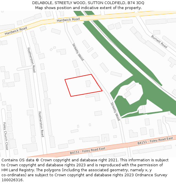 DELABOLE, STREETLY WOOD, SUTTON COLDFIELD, B74 3DQ: Location map and indicative extent of plot