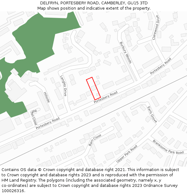 DELFRYN, PORTESBERY ROAD, CAMBERLEY, GU15 3TD: Location map and indicative extent of plot