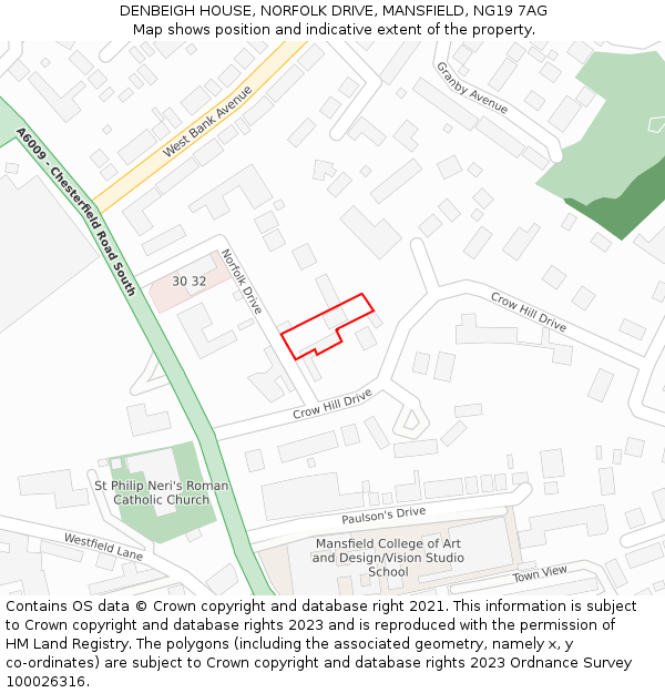 DENBEIGH HOUSE, NORFOLK DRIVE, MANSFIELD, NG19 7AG: Location map and indicative extent of plot