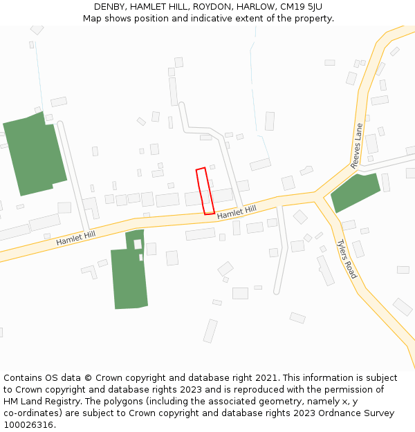 DENBY, HAMLET HILL, ROYDON, HARLOW, CM19 5JU: Location map and indicative extent of plot