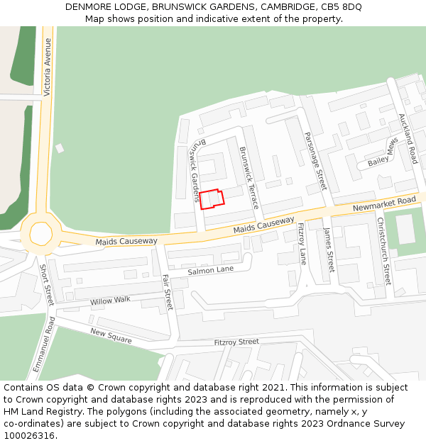 DENMORE LODGE, BRUNSWICK GARDENS, CAMBRIDGE, CB5 8DQ: Location map and indicative extent of plot