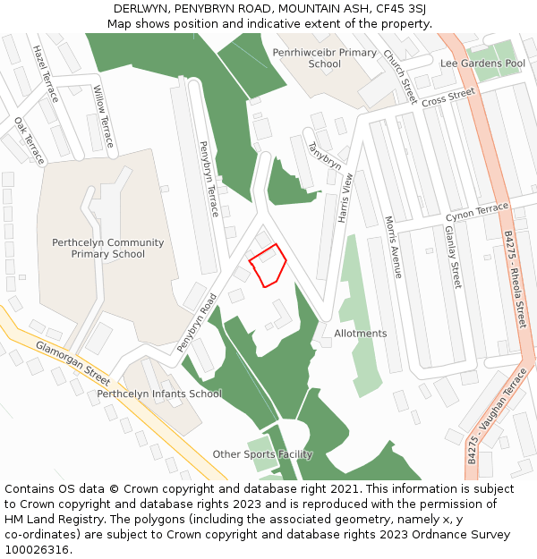 DERLWYN, PENYBRYN ROAD, MOUNTAIN ASH, CF45 3SJ: Location map and indicative extent of plot
