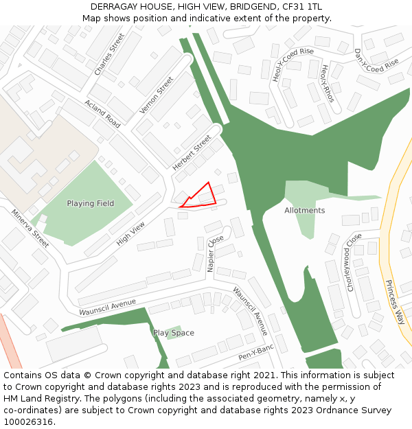 DERRAGAY HOUSE, HIGH VIEW, BRIDGEND, CF31 1TL: Location map and indicative extent of plot