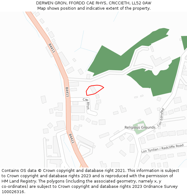 DERWEN GRON, FFORDD CAE RHYS, CRICCIETH, LL52 0AW: Location map and indicative extent of plot