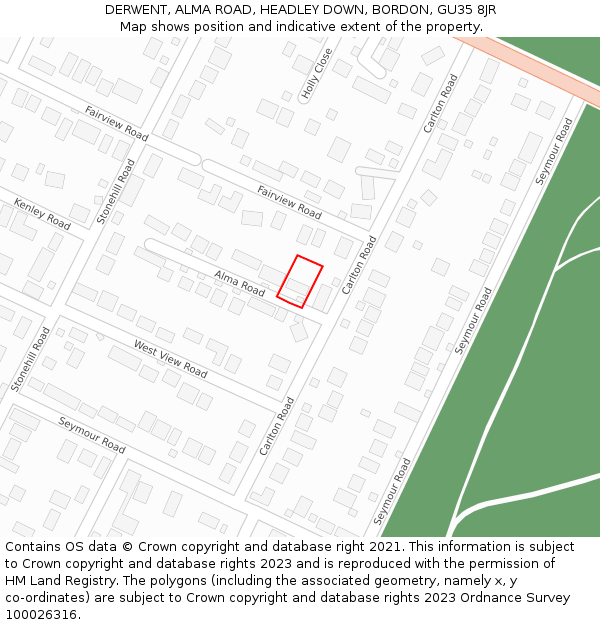 DERWENT, ALMA ROAD, HEADLEY DOWN, BORDON, GU35 8JR: Location map and indicative extent of plot